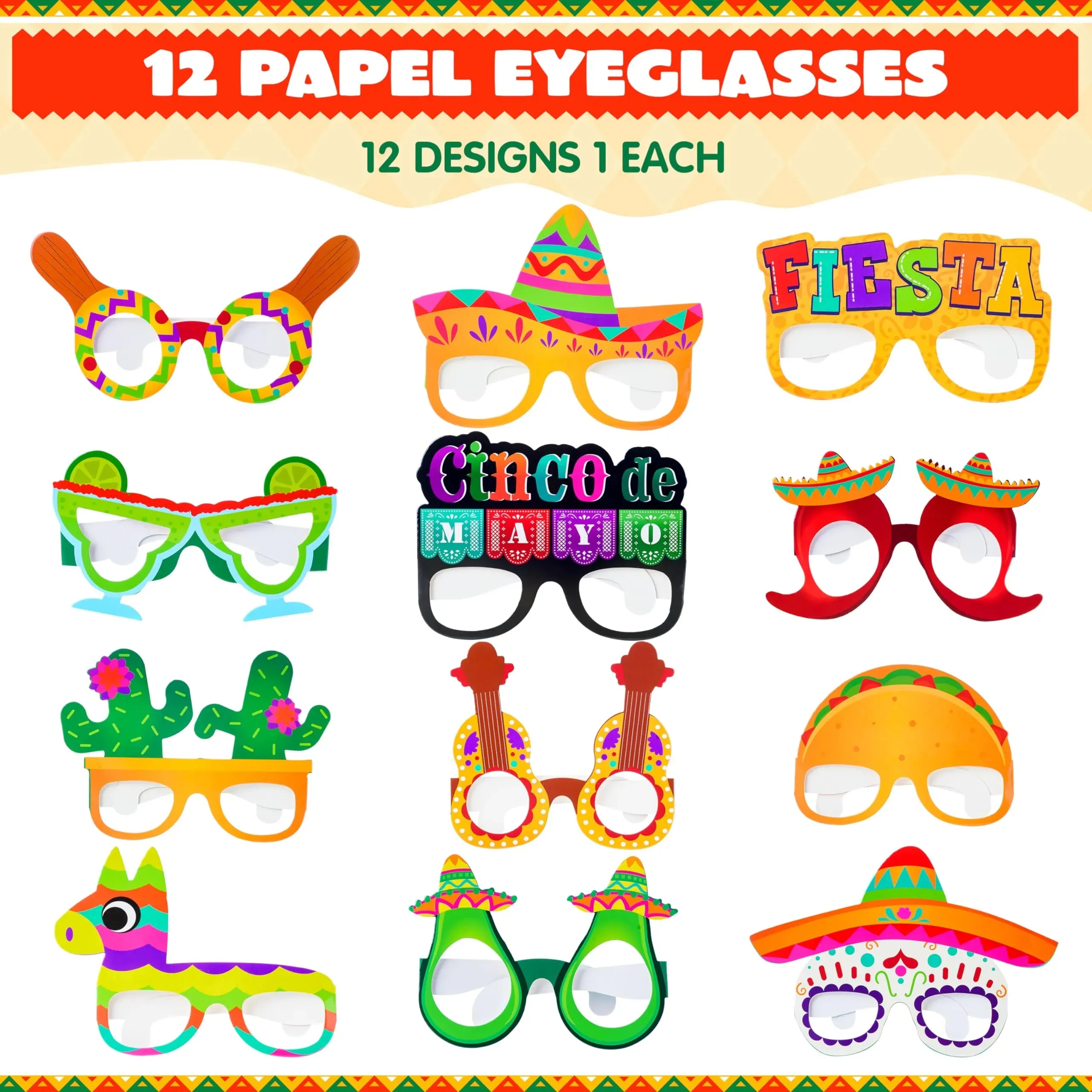 12Pcs Mexican Fiesta Party Paper Eyeglasses for Cinco de Mayo Party Decorations