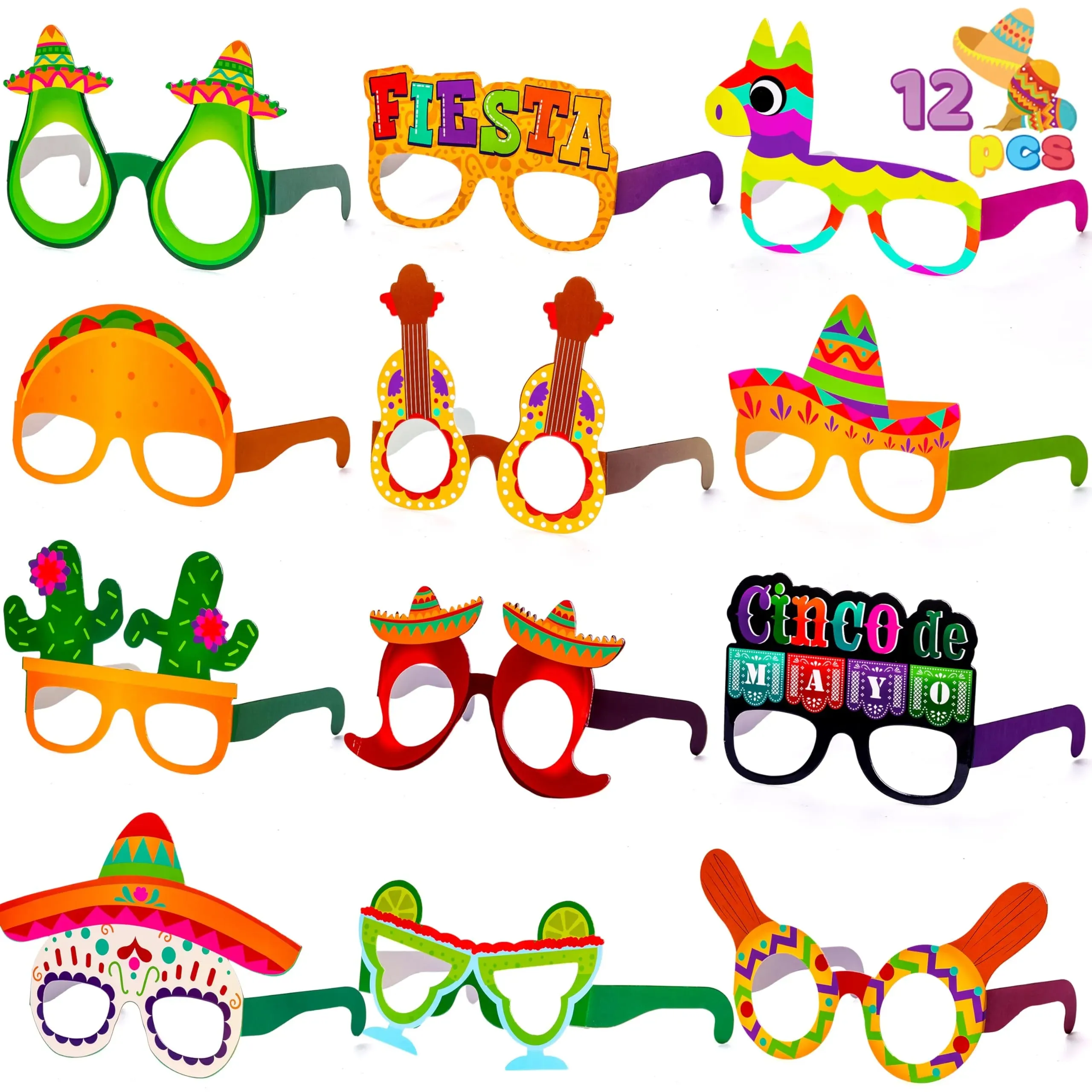 12Pcs Mexican Fiesta Party Paper Eyeglasses for Cinco de Mayo Party Decorations