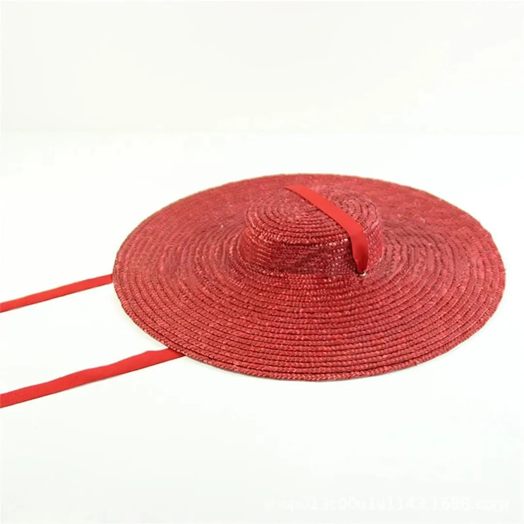 15Cm Wide Brim Straw Hat Flat Top Summer Beach Hat Women Ribbon Flat Top Hat Sun Hat