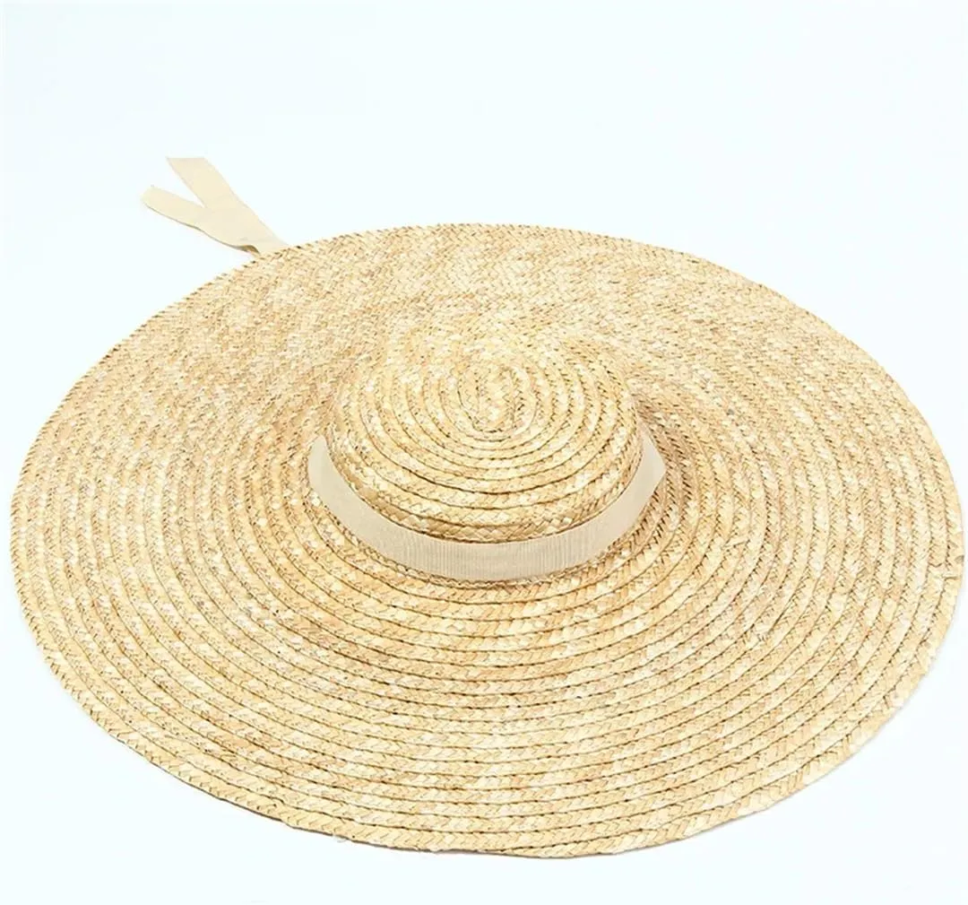 15Cm Wide Brim Straw Hat Flat Top Summer Beach Hat Women Ribbon Flat Top Hat Sun Hat