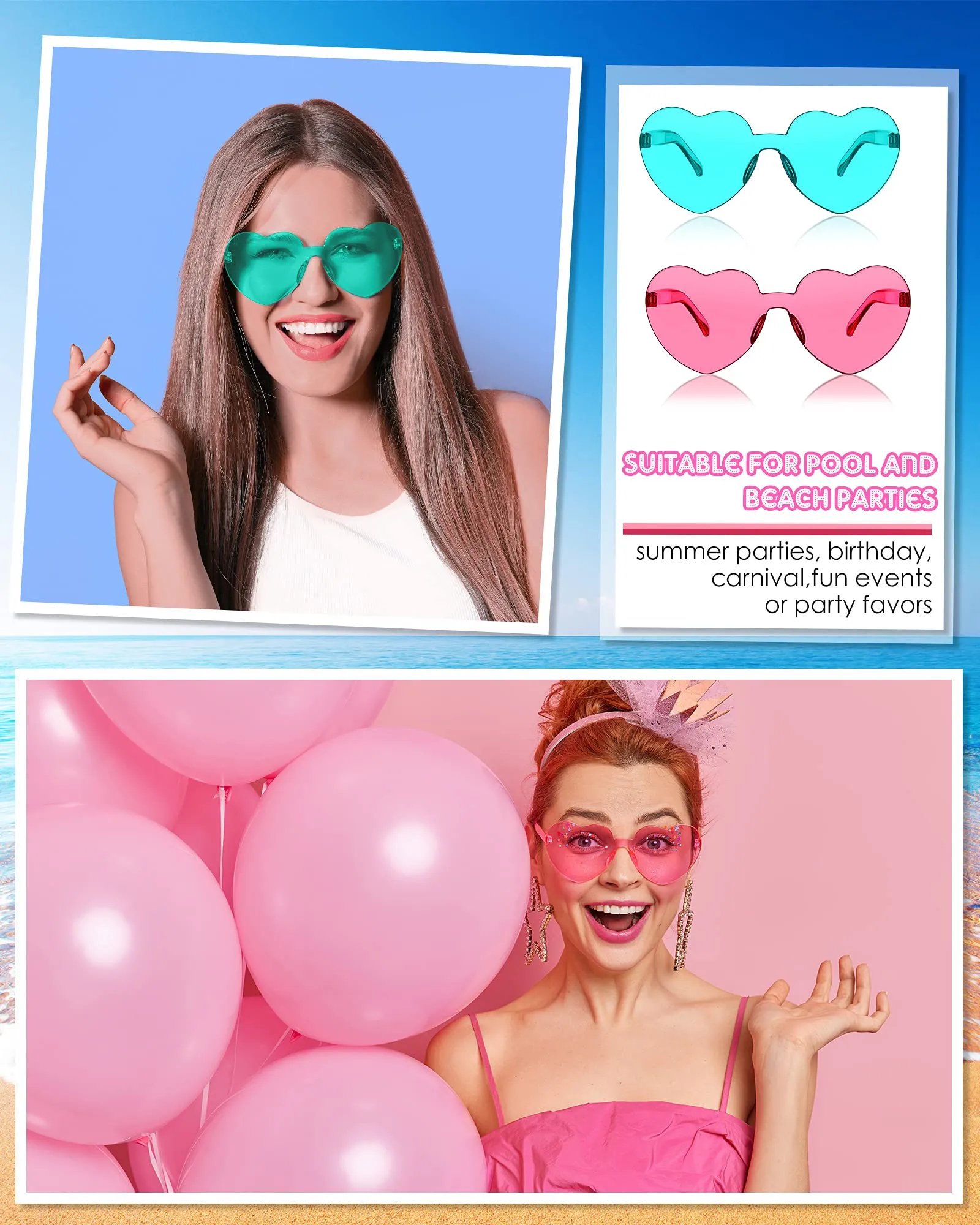 20 Pairs Heart Shaped Rimless Sunglasses Transparent Candy Color Frameless Glasses Trendy Eyewear, 10 Colors