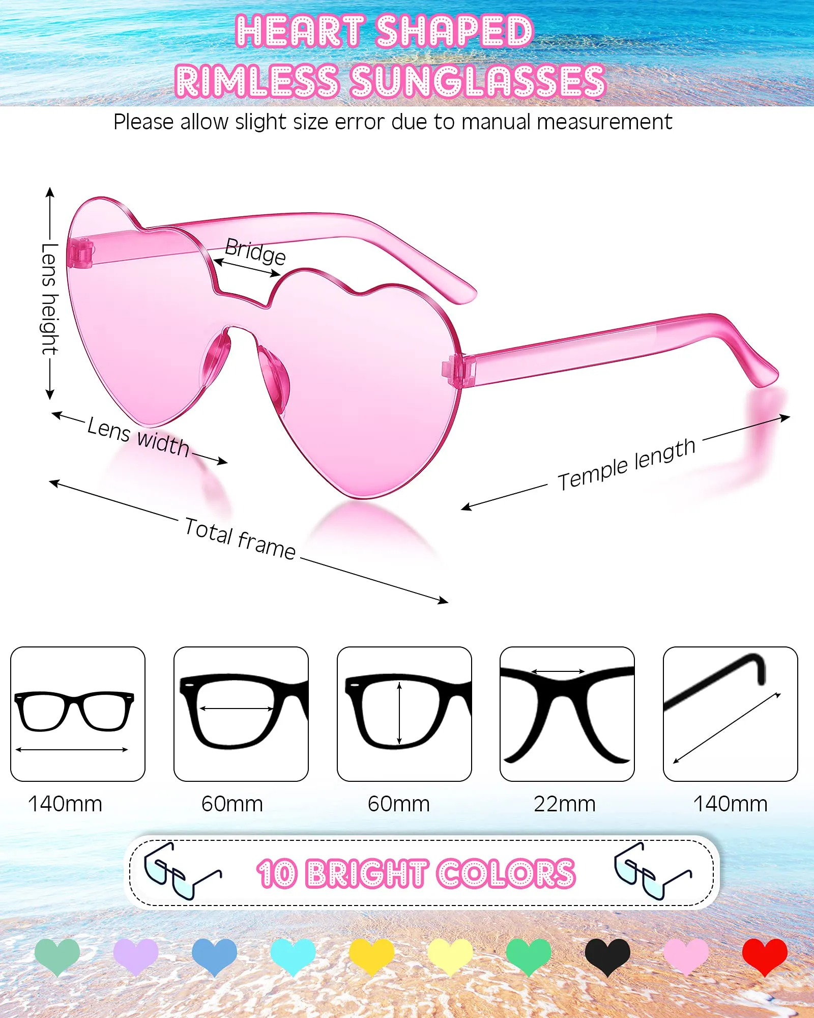 20 Pairs Heart Shaped Rimless Sunglasses Transparent Candy Color Frameless Glasses Trendy Eyewear, 10 Colors