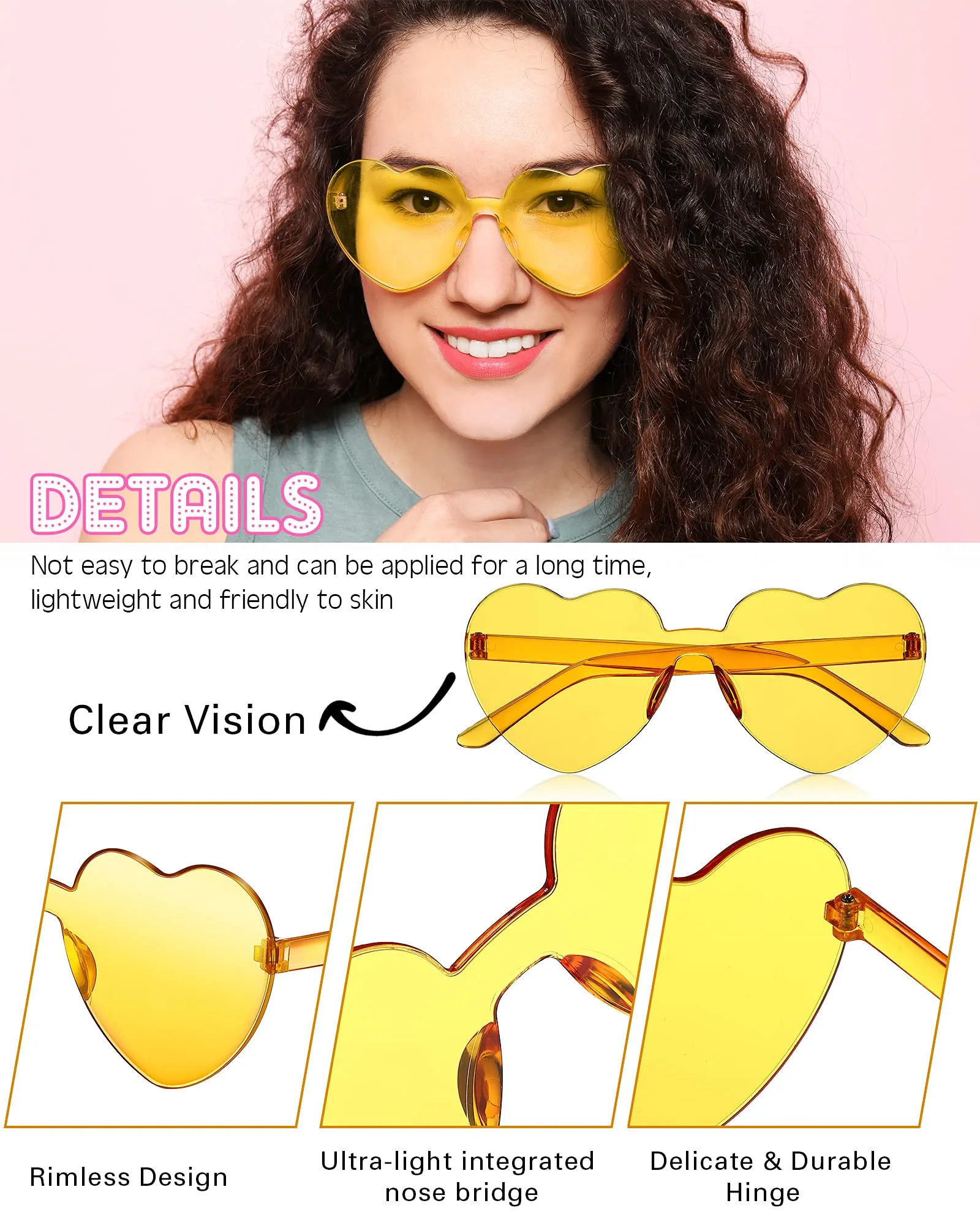 20 Pairs Heart Shaped Rimless Sunglasses Transparent Candy Color Frameless Glasses Trendy Eyewear, 10 Colors