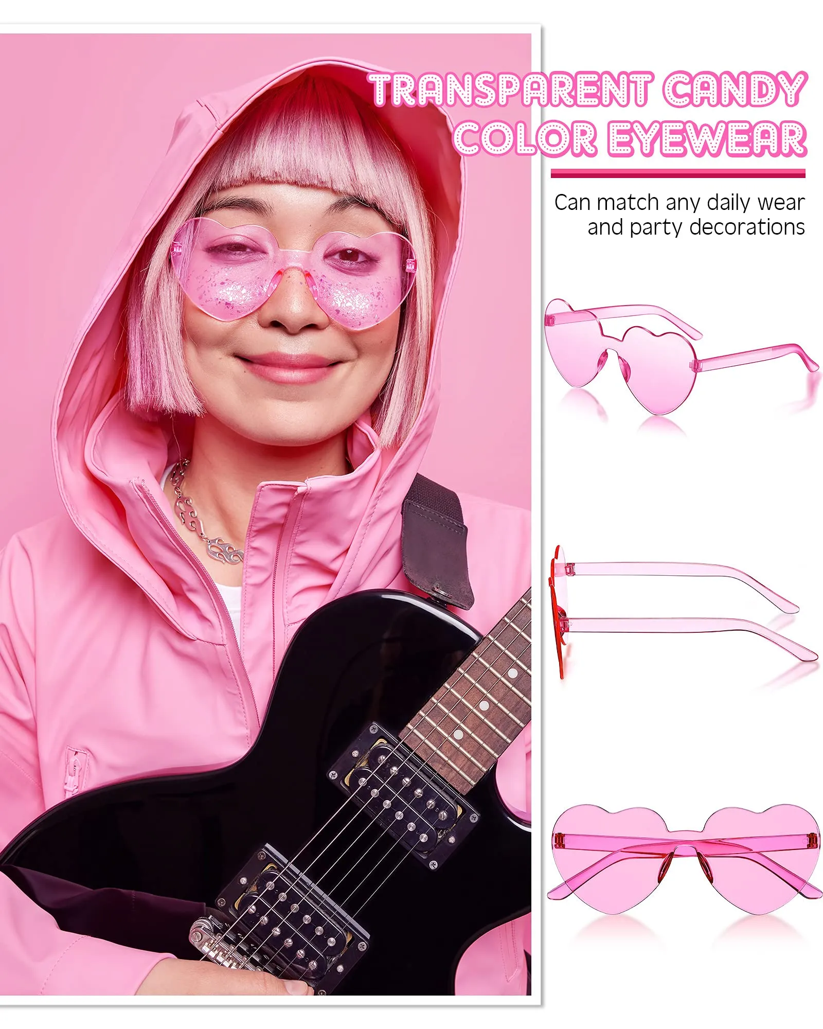 20 Pairs Heart Shaped Rimless Sunglasses Transparent Candy Color Frameless Glasses Trendy Eyewear, 10 Colors