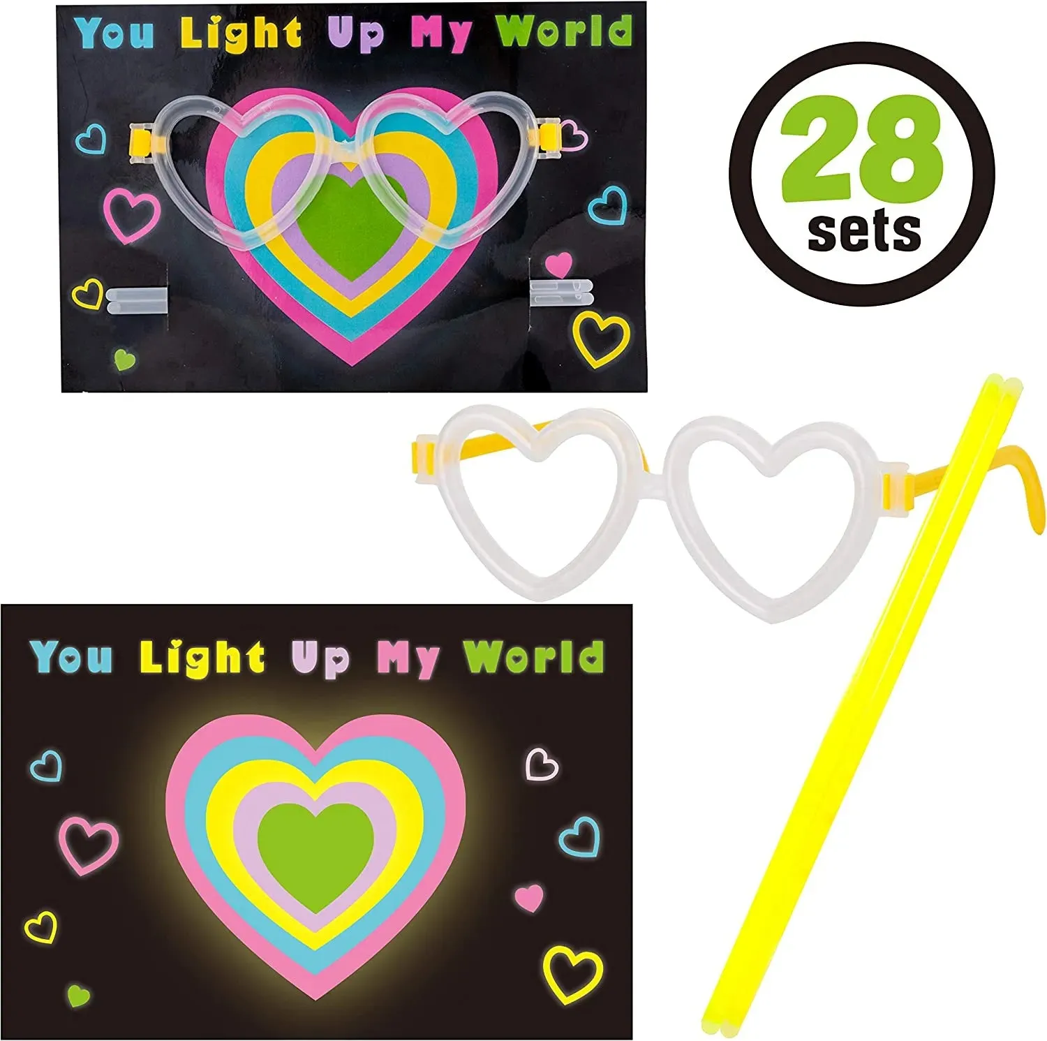 28Pcs Kids Valentines Cards with Heart Shaped Glasses and Light-up Glow Sticks-Classroom Exchange Gifts