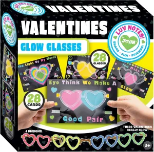 28Pcs Kids Valentines Cards with Heart Shaped Glasses and Light-up Glow Sticks-Classroom Exchange Gifts