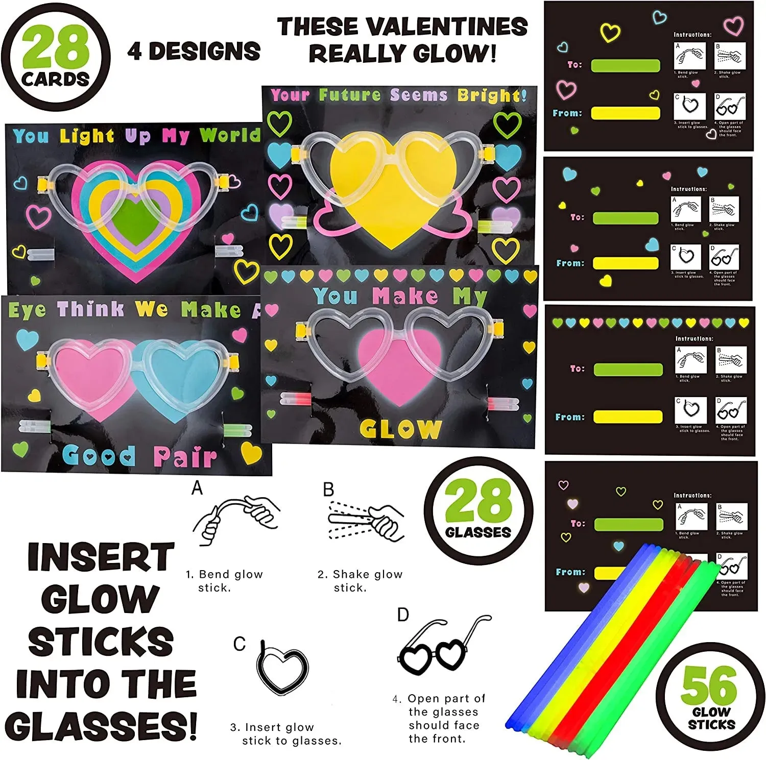 28Pcs Kids Valentines Cards with Heart Shaped Glasses and Light-up Glow Sticks-Classroom Exchange Gifts