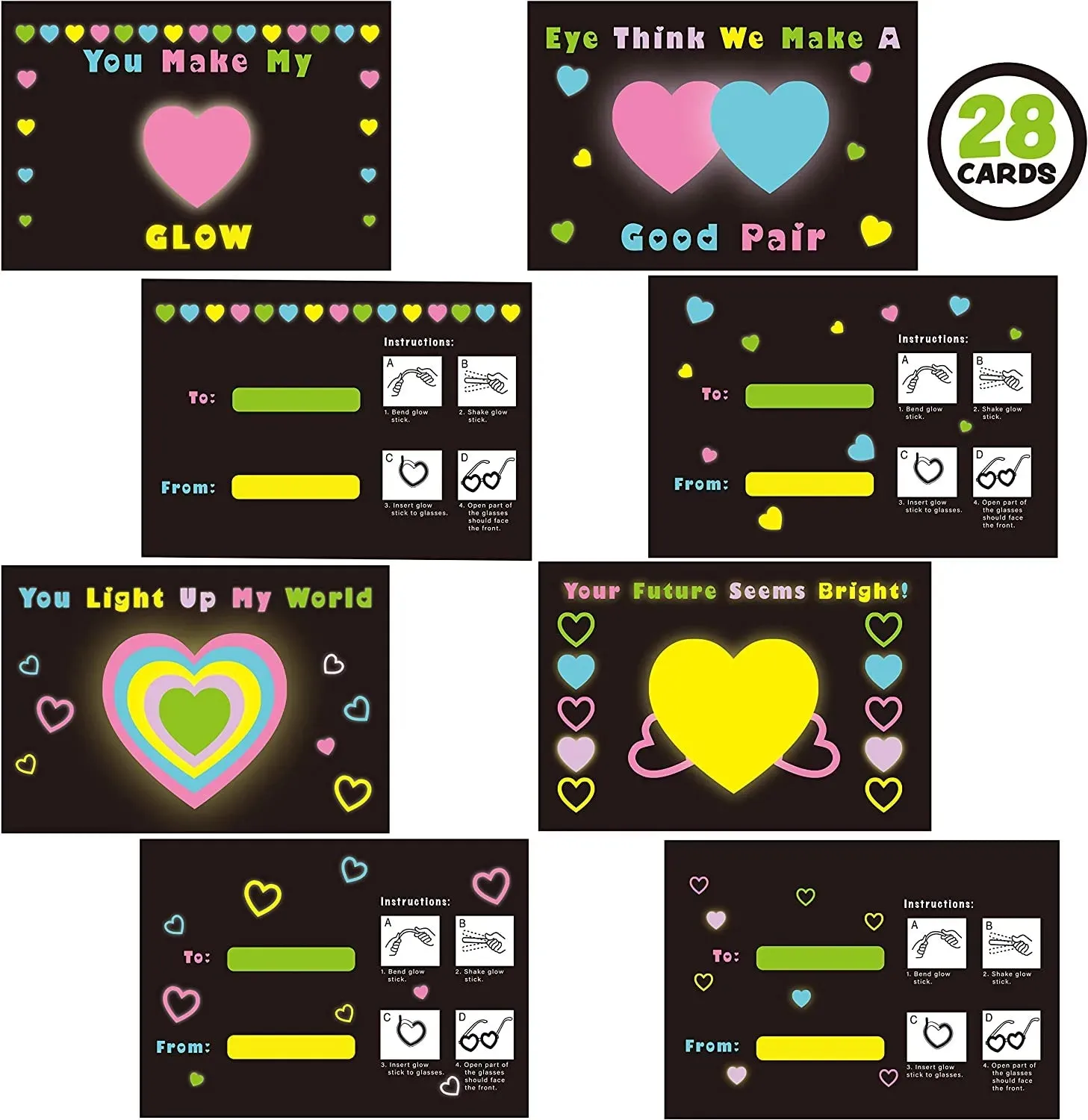28Pcs Kids Valentines Cards with Heart Shaped Glasses and Light-up Glow Sticks-Classroom Exchange Gifts