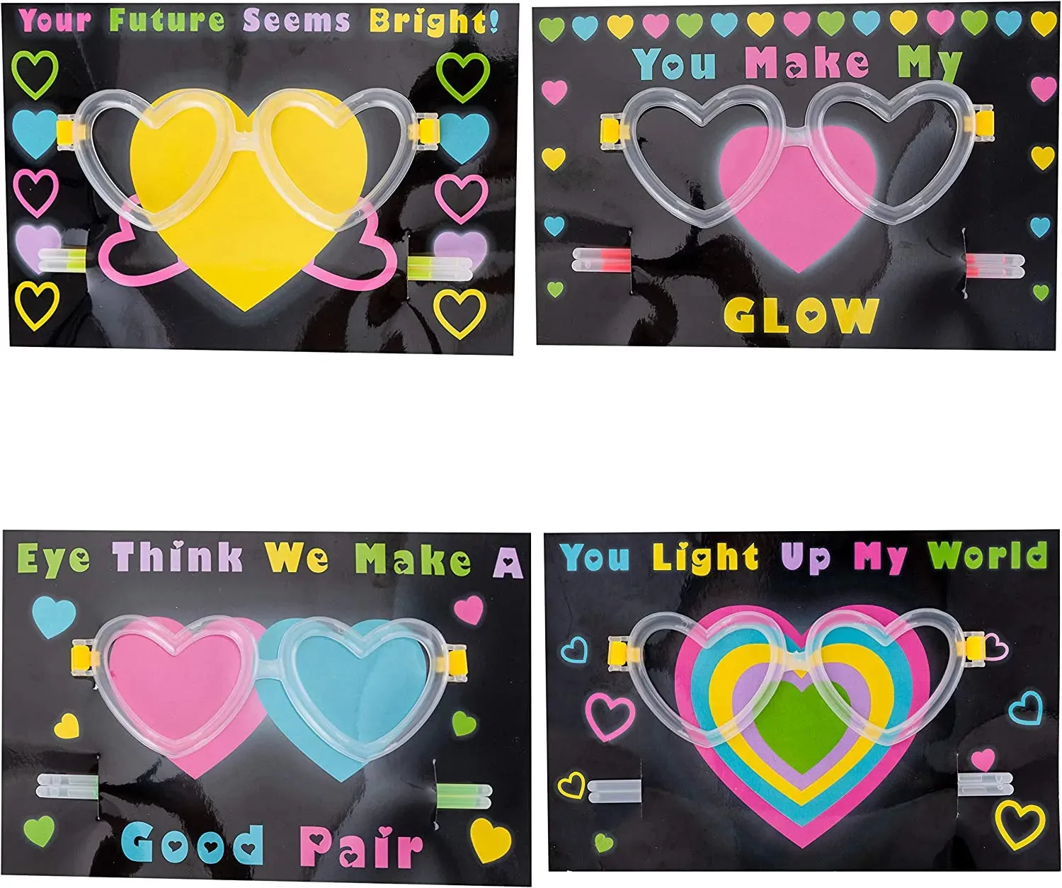 28Pcs Kids Valentines Cards with Heart Shaped Glasses and Light-up Glow Sticks-Classroom Exchange Gifts