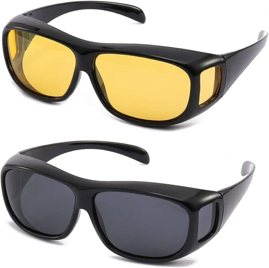 2PCS Unisex Prescription Glasses Optic HD Night Day Driving Wrap Around Anti Glare Sunglasses