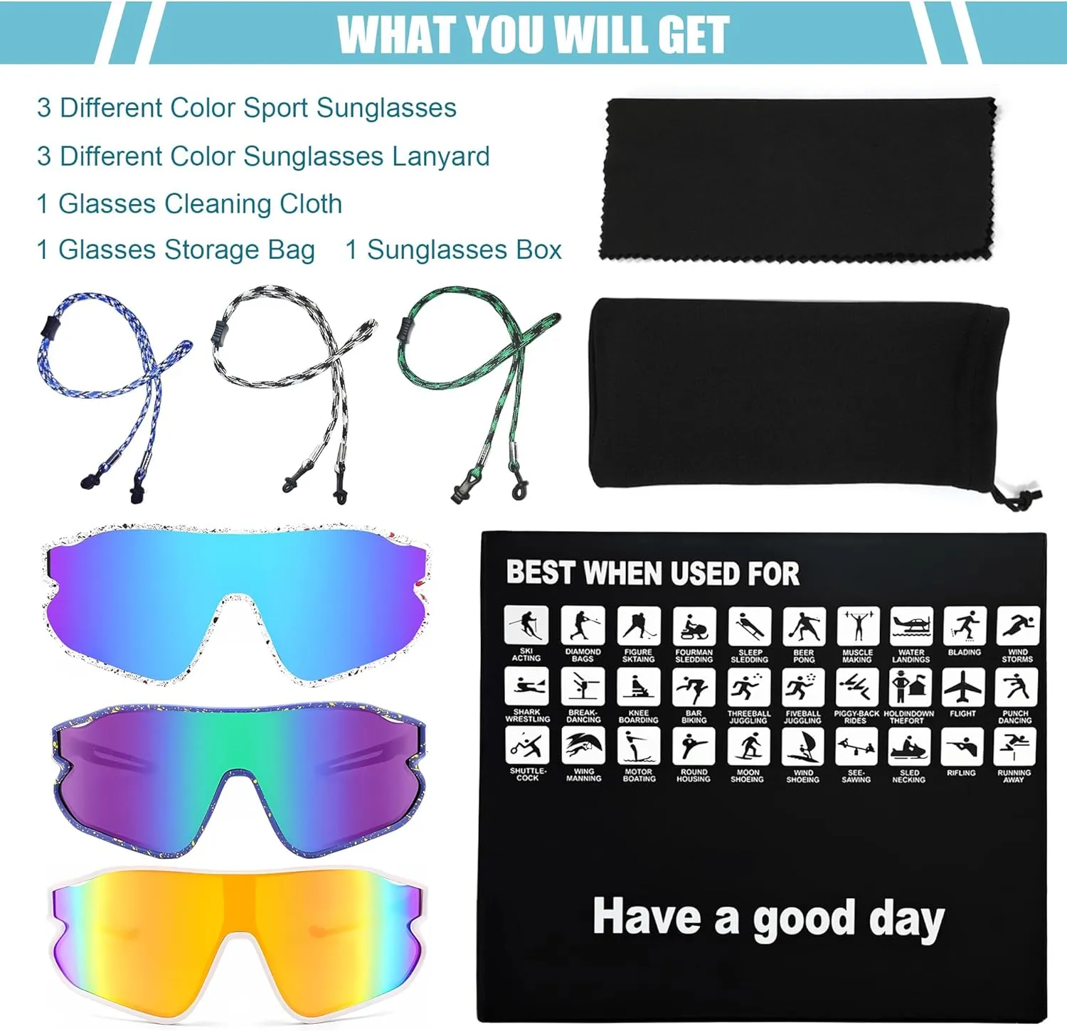 3PACK Kids Polarized Sunglasses Youth Baseball Sun Glasses UV400 Boys Girls Sports Goggles for Cycling Softball