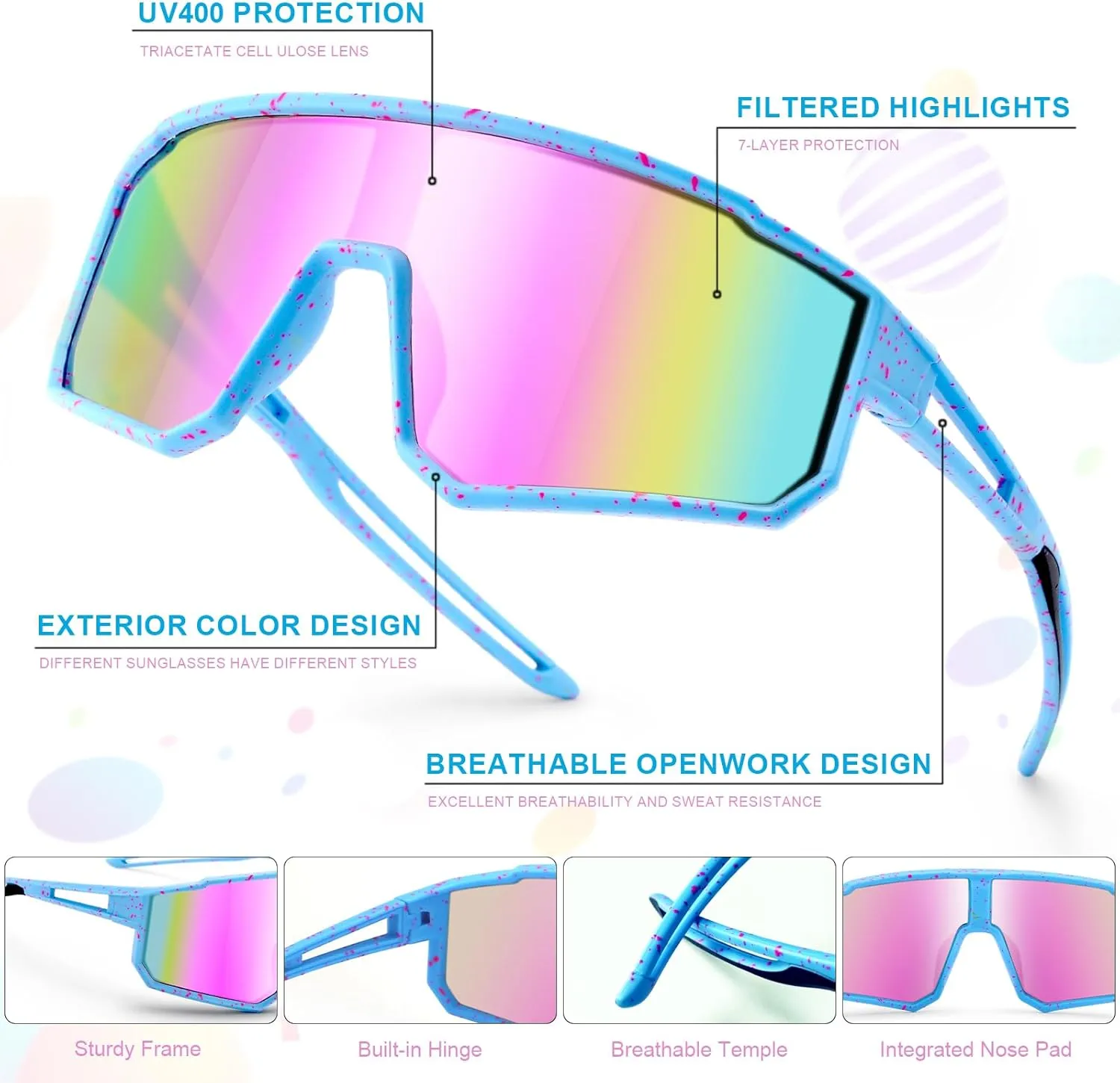 3PACK Kids Sunglasses for 6-14 Boys Girls, Youth Baseball and Cycling UV400 Protection Goggles