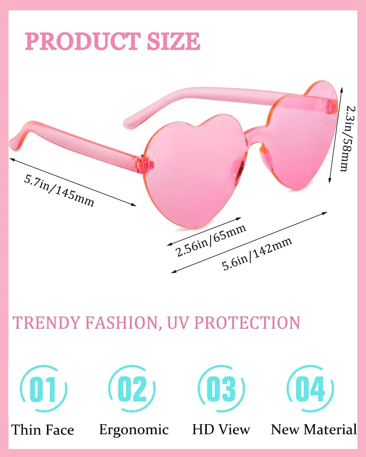 4 Pairs Valentine's Day Heart Sunglasses Rimless Heart Shaped Sunglasses Heart Glasses Rave Party Favor for Women Men