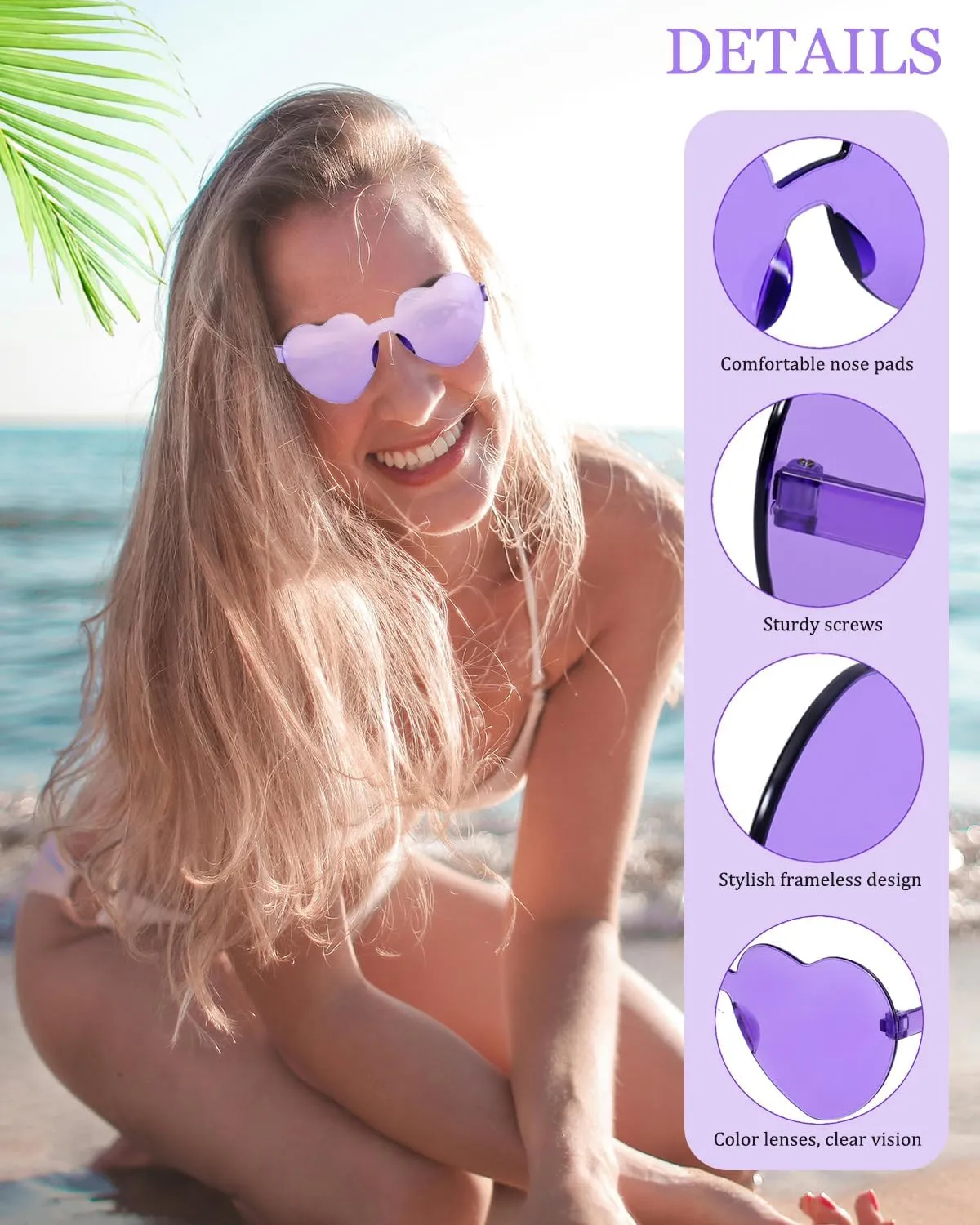 4 Pairs Valentine's Day Heart Sunglasses Rimless Heart Shaped Sunglasses Heart Glasses Rave Party Favor for Women Men