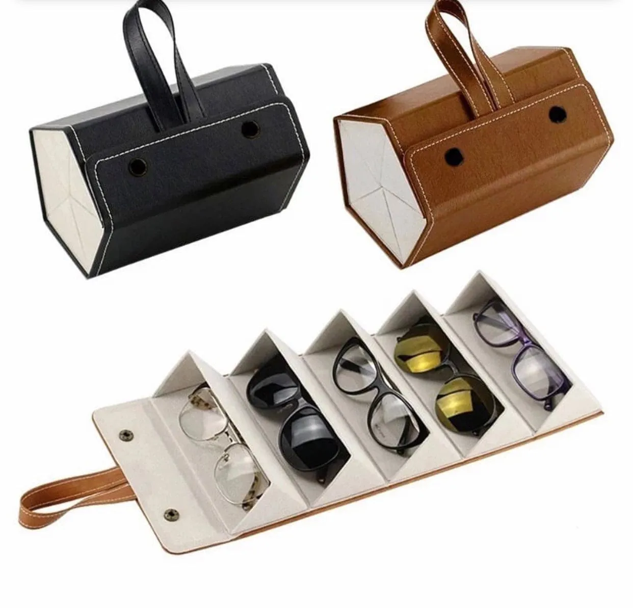 5 Slot Foldable Multiple PU Leather Sunglasses/Eyeglasses Travel Organizer Case, Multiple Eyeglasses Display Storage Box Box for Men Womeno
