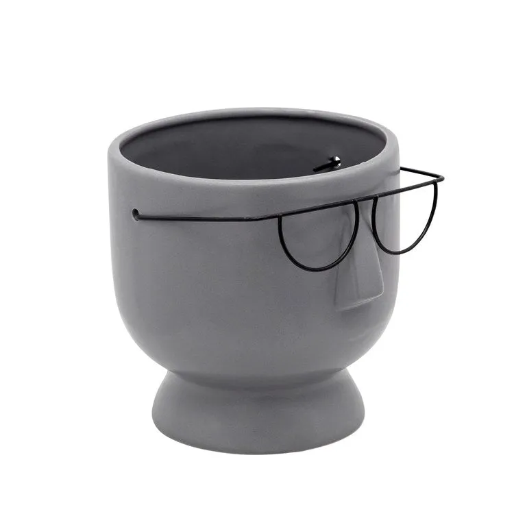6" Face with Glasses Ceramic Planter - Gray
