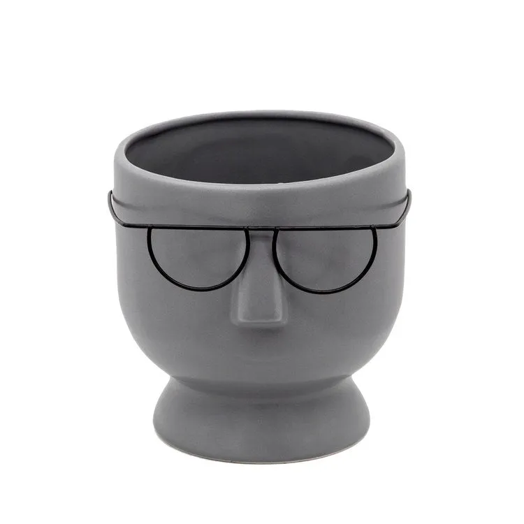 6" Face with Glasses Ceramic Planter - Gray