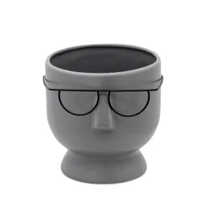 6" Face with Glasses Ceramic Planter - Gray