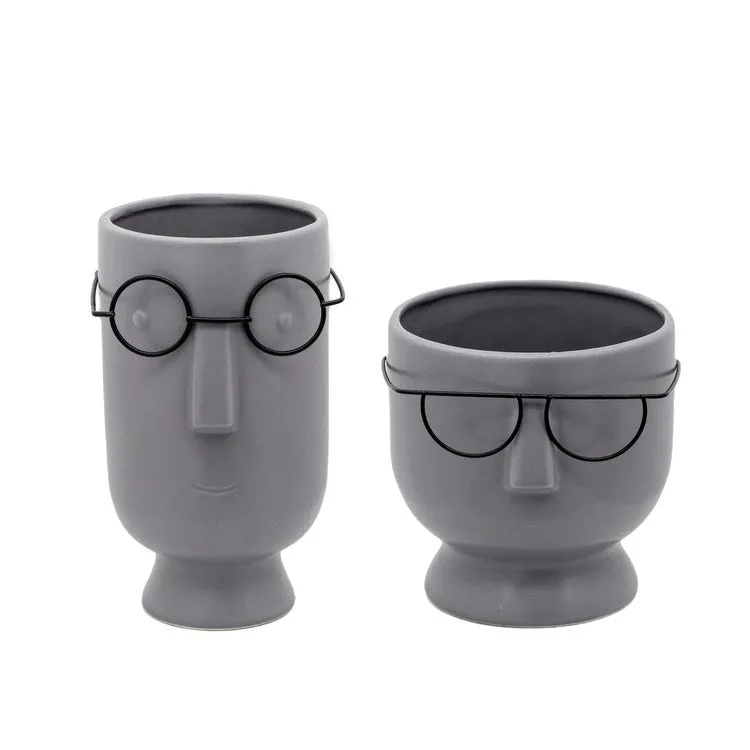 6" Face with Glasses Ceramic Planter - Gray