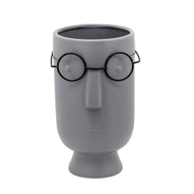 9" Face with Glasses Ceramic Vase - Gray
