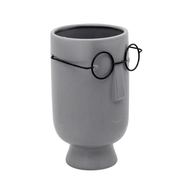 9" Face with Glasses Ceramic Vase - Gray