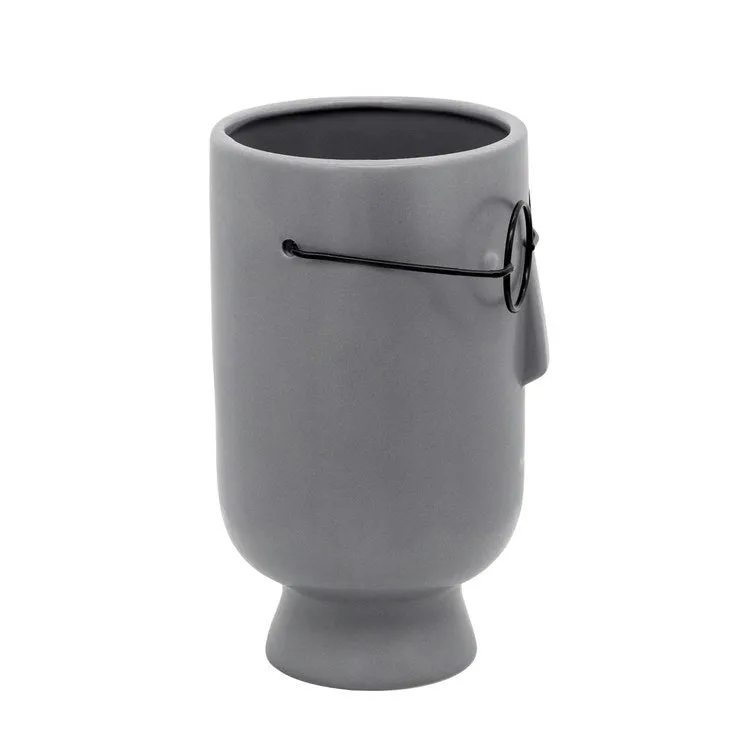 9" Face with Glasses Ceramic Vase - Gray