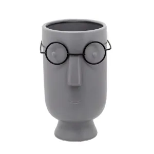 9" Face with Glasses Ceramic Vase - Gray