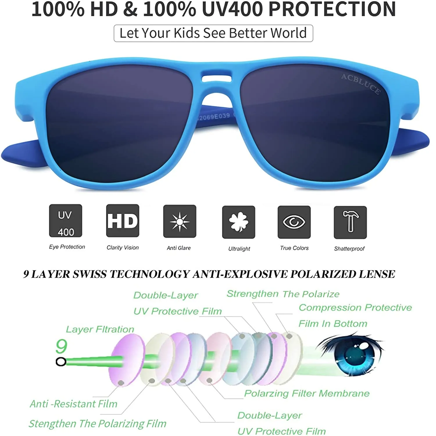 ACBLUCE | Sunglasses For Children | TPEE Unbreakable Frame