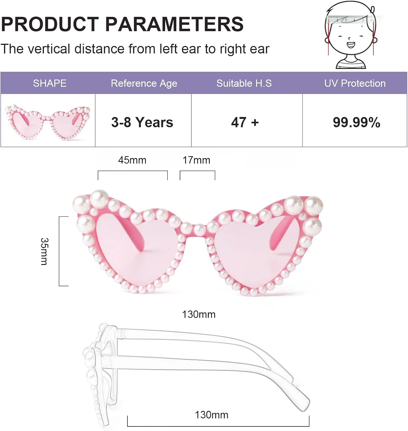 ADE WU Heart Sunglaskses Kids Cute Pearl Heart Shaped Sunglasses for Girls Age 3-8
