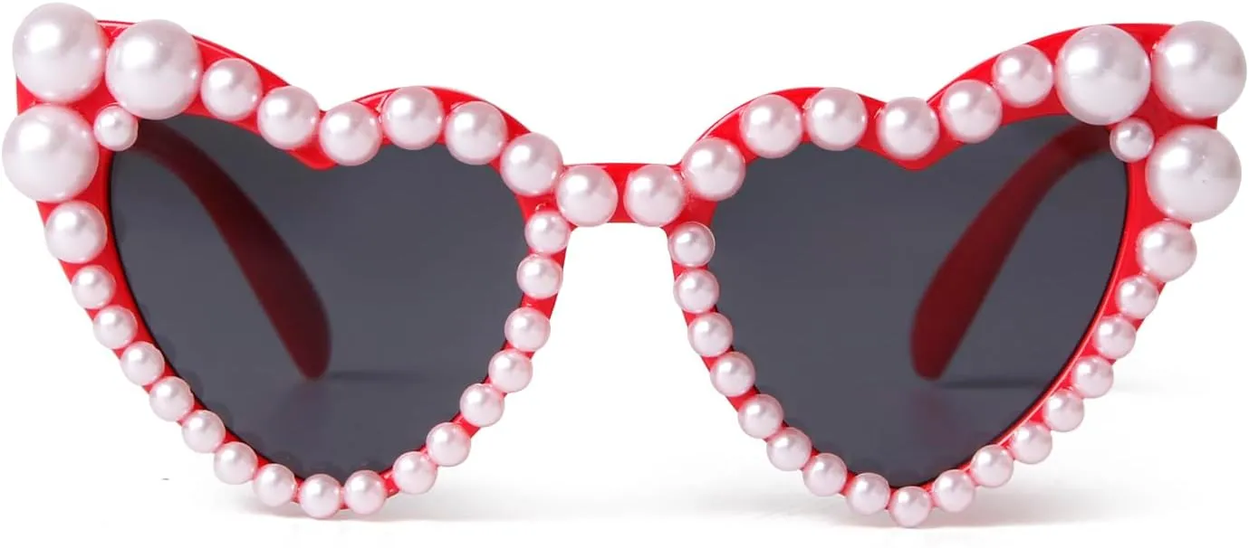 ADE WU Heart Sunglaskses Kids Cute Pearl Heart Shaped Sunglasses for Girls Age 3-8