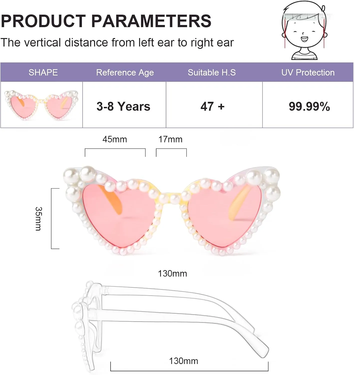 ADE WU Heart Sunglaskses Kids Cute Pearl Heart Shaped Sunglasses for Girls Age 3-8
