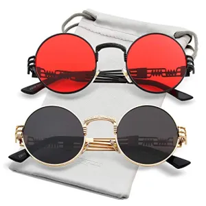 AIEYEZO Round Steampunk Sunglasses Circle Lennon Hippie Glasses Metal Frame 100% UV Blocking Lens (Gold/Ocean Red)