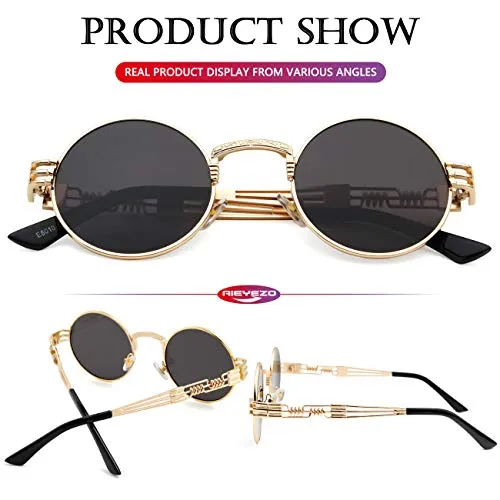 AIEYEZO Round Steampunk Sunglasses Circle Lennon Hippie Glasses Metal Frame 100% UV Blocking Lens (Gold/Ocean Red)