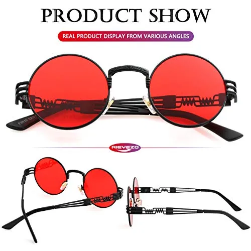 AIEYEZO Round Steampunk Sunglasses Circle Lennon Hippie Glasses Metal Frame 100% UV Blocking Lens (Gold/Ocean Red)