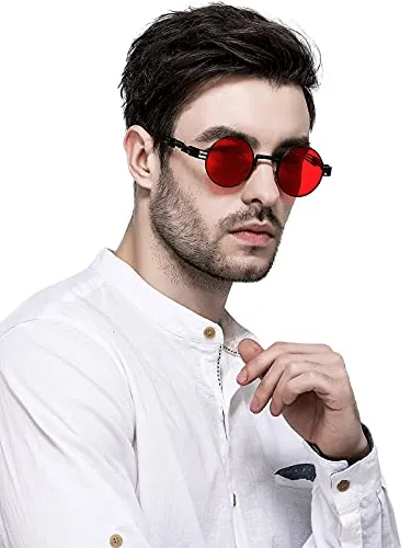 AIEYEZO Round Steampunk Sunglasses Circle Lennon Hippie Glasses Metal Frame 100% UV Blocking Lens (Gold/Ocean Red)
