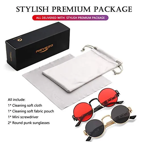 AIEYEZO Round Steampunk Sunglasses Circle Lennon Hippie Glasses Metal Frame 100% UV Blocking Lens (Gold/Ocean Red)