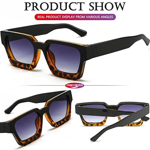 AIEYEZO Square Sunglasses for Women Men Square Thick Frame Sun Glasses Simple Designer Style Shades (Black Flower/Purple)
