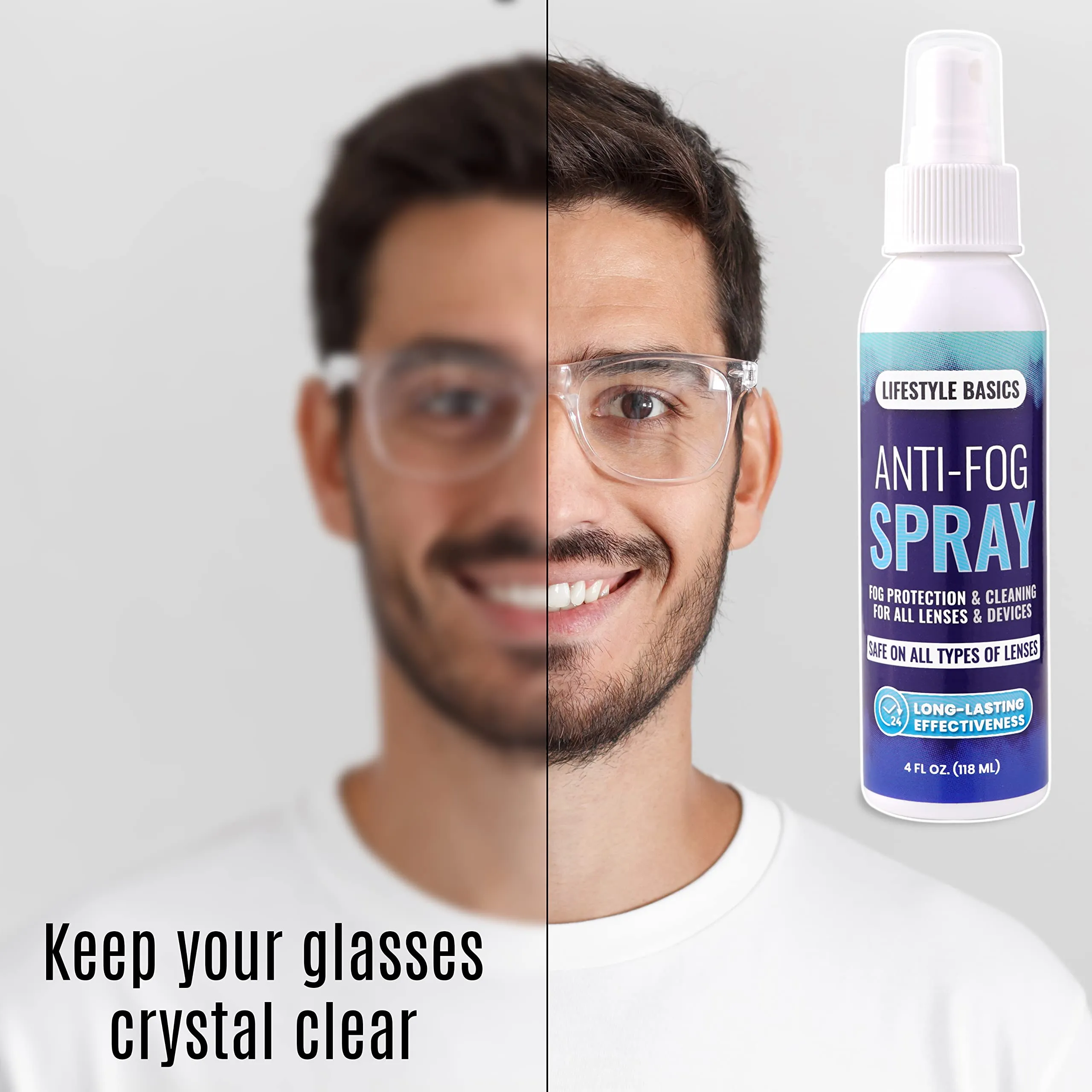 Anti Fog Spray Cleaner for Eye Glasses, Lenses, Mirrors - All-Surface Fog Prevention - Up to 24 Hrs Protection