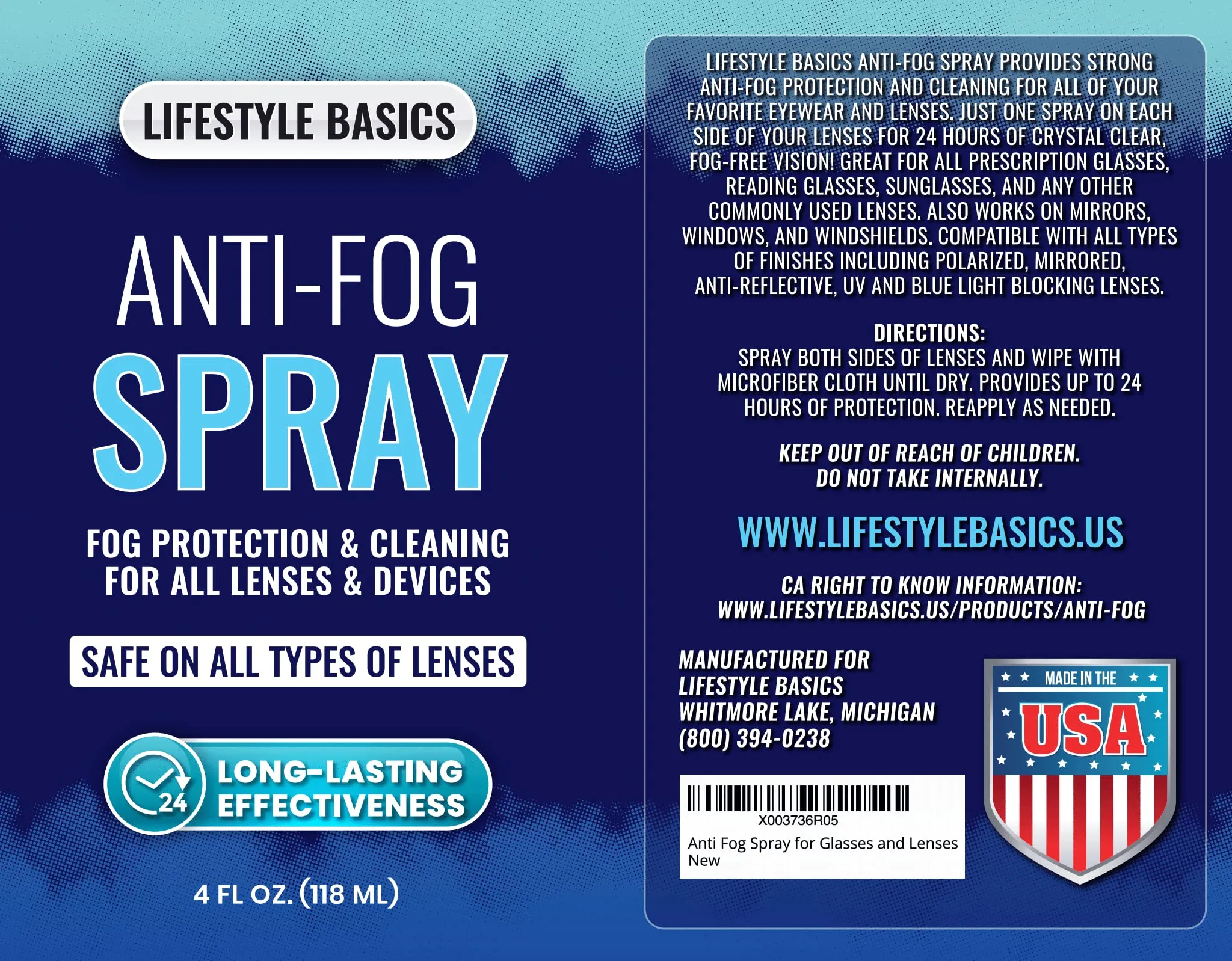 Anti Fog Spray Cleaner for Eye Glasses, Lenses, Mirrors - All-Surface Fog Prevention - Up to 24 Hrs Protection