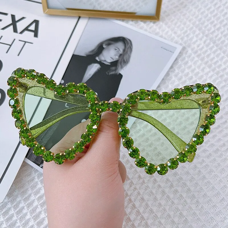 Ashore Shop Women Sunglasses Fashion Heart Shape Sunglass Rhinestones Decoration Sun Glasses Retro UV400 Gradients Shades Eyewear