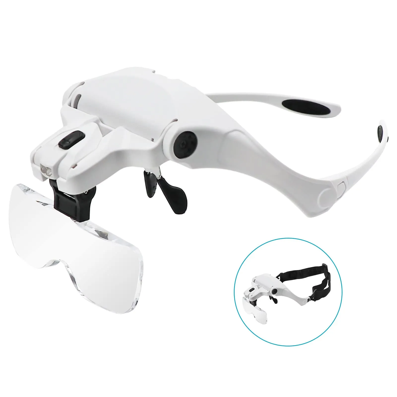 AUTOPkio Reading Magnifying Glasses Headband Magnifier 2 LED 5 Lenses for Repairing Modeling Crafts, Interchangeable 5 Lenses 1.0X,1.5X,2.0X,2.5X,3.5X Battery