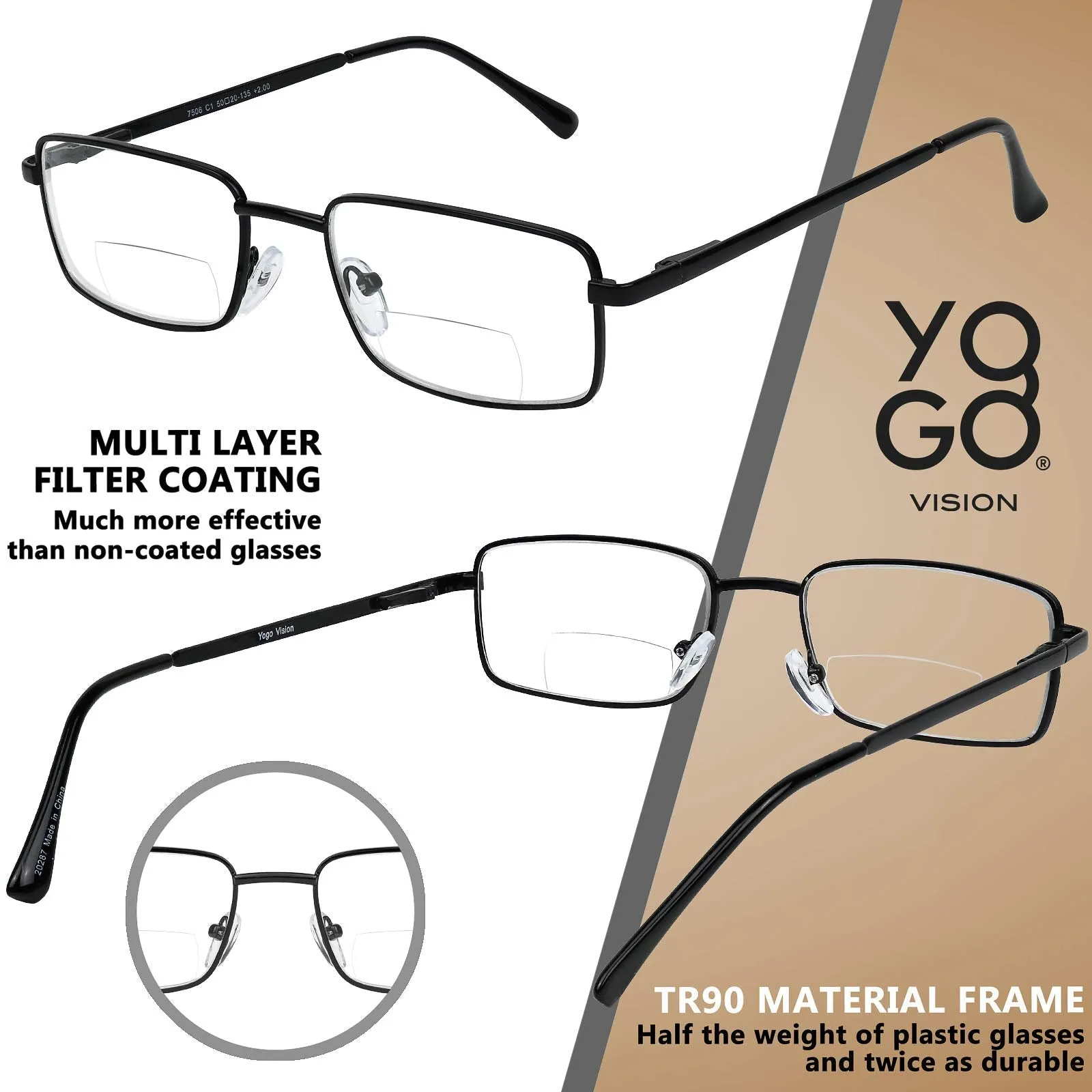 Bifocal Reading Glasses 2 Pack Metal Full Rim Readers Rectangle Glasses for Reading Men and Women  2.5 Black and Brown 2.5 x