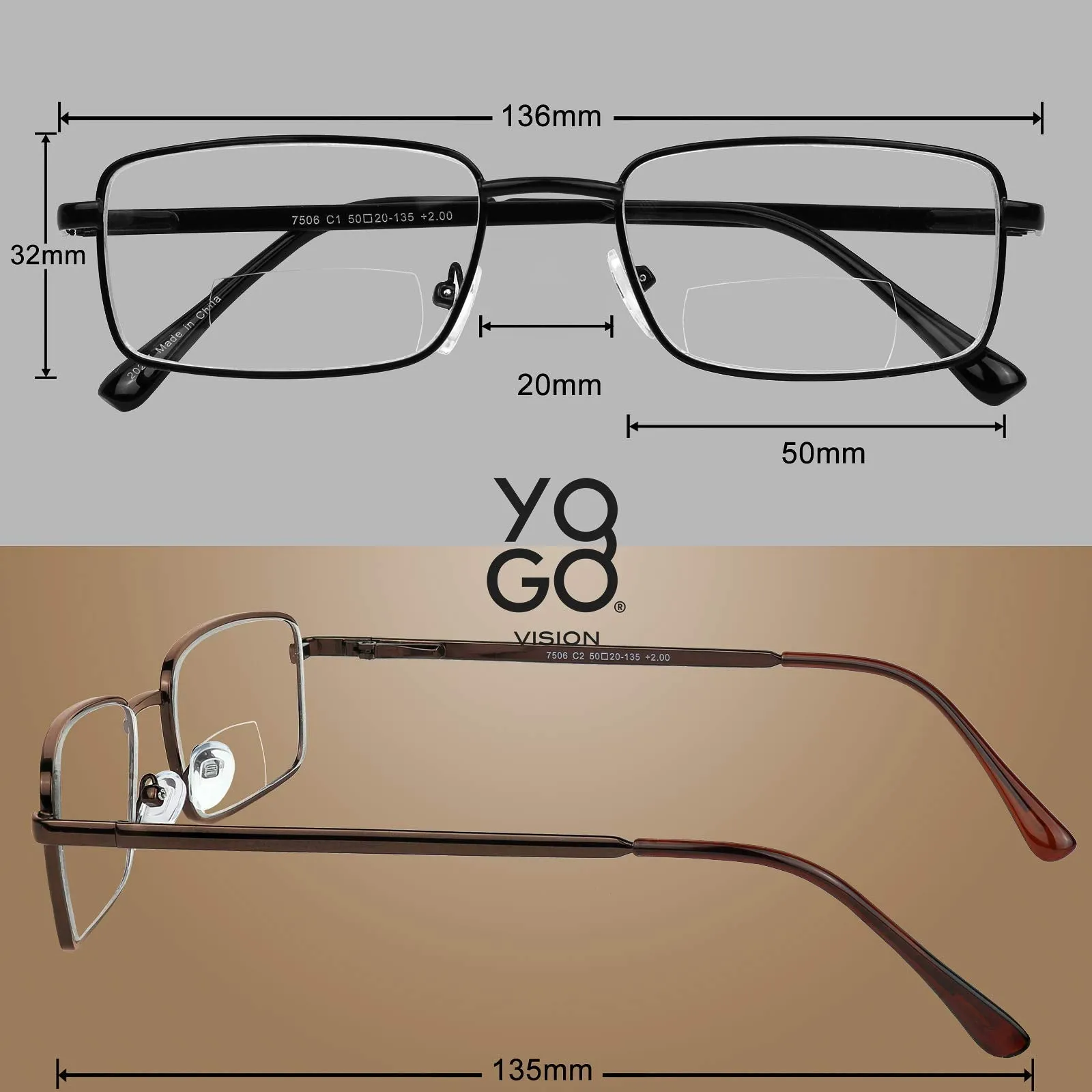 Bifocal Reading Glasses 2 Pack Metal Full Rim Readers Rectangle Glasses for Reading Men and Women  2.5 Black and Brown 2.5 x