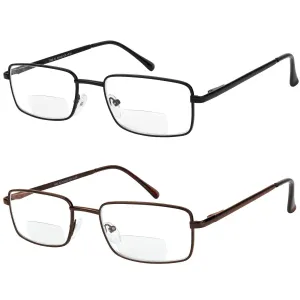 Bifocal Reading Glasses 2 Pack Metal Full Rim Readers Rectangle Glasses for Reading Men and Women  2.5 Black and Brown 2.5 x