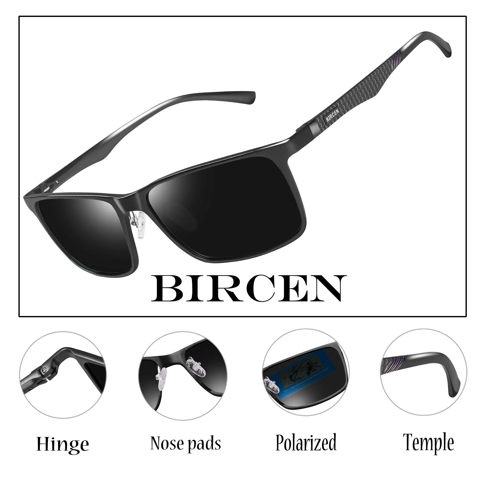 Bircen Mens Polarized Driving Sunglasses For Mens Women Al-Mg Metal Frame Lightweight Fishing Sports Outdoors A Black Frame Black Lens