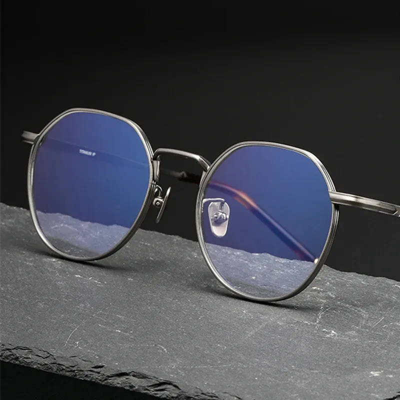 Black Mask Unisex Full Rim Polygon Round Titanium Eyeglasses 14919