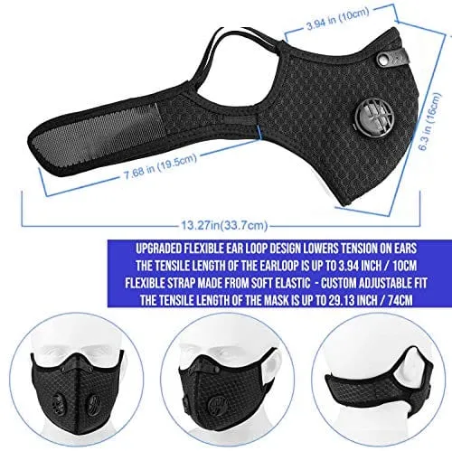 ﻿Black Reusable Dust Face Cover Mask with 7 Activated Carbon Filters   10 Breathing Valves, Mesh Adjustable for Cycling, Running, Outdoor Activities