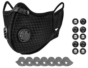 ﻿Black Reusable Dust Face Cover Mask with 7 Activated Carbon Filters   10 Breathing Valves, Mesh Adjustable for Cycling, Running, Outdoor Activities