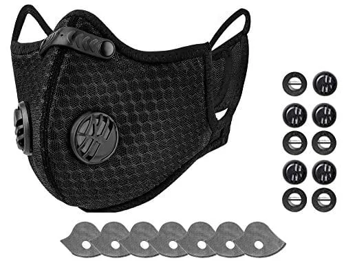 ﻿Black Reusable Dust Face Cover Mask with 7 Activated Carbon Filters   10 Breathing Valves, Mesh Adjustable for Cycling, Running, Outdoor Activities