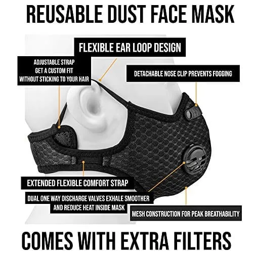 ﻿Black Reusable Dust Face Cover Mask with 7 Activated Carbon Filters   10 Breathing Valves, Mesh Adjustable for Cycling, Running, Outdoor Activities
